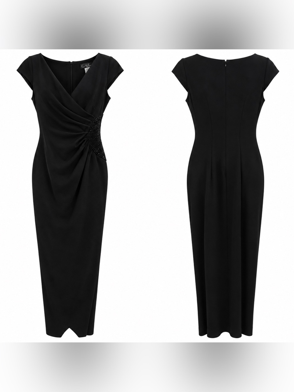Alex Evenings Black Cap-Sleeve Ruched Midi Dress with Beaded Side